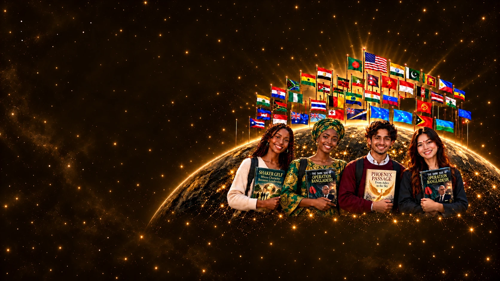 Four students holding books before a glowing global network and national flags